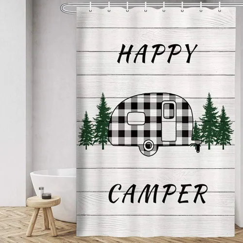 Miniatura 2 de MERCHR Happy Camper - Cortina de ducha para caravana, remolque a cuadros de búfalo con árboles en casa de campo, tela de madera gris rústica