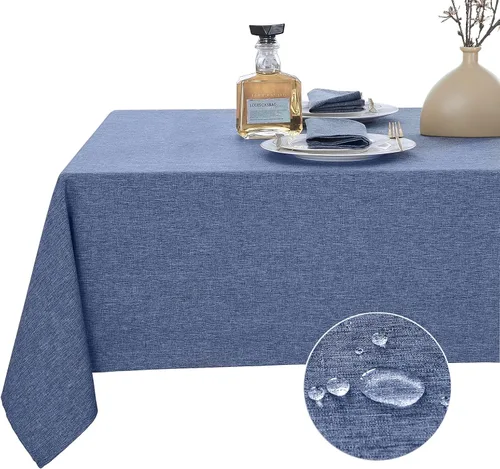 Miniatura 11 de Mantel redondo de lino, mantel de estilo granja impermeable y resistente a las manchas, cubierta de mesa de decoración falsa lavable para cocina