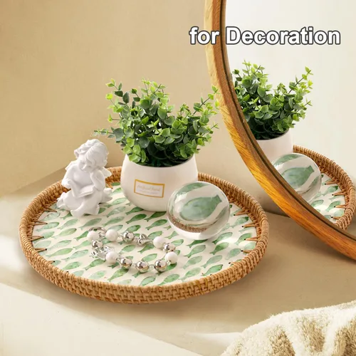 Miniatura 7 de Bandeja redonda de ratán con incrustaciones de nácar, bandeja de ratán para café, pan, frutas, bandeja decorativa de mimbre para decoración de mesa