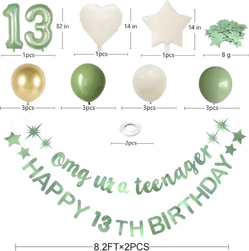 Miniatura 2 de Guirnalda de globos de aluminio con texto en inglés «Omg Ur A Teenager, Happy 13th Birthday» de color verde salvia, decoración oficial de 13