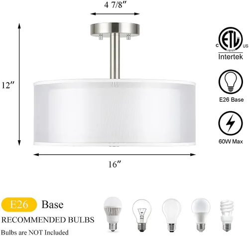 Miniatura 5 de XiNBEi Lighting XB-SF1194-BN - Lámpara de techo semiempotrada con pantalla de tela, lámpara de techo semiempotrada de tambor de 16 pulgadas
