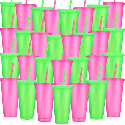 Miniatura 29 de Honeydak Paquete de 60 vasos con popote y tapa, vasos a granel para regalos, tazas de café de plástico con purpurina de 24 a 27 onzas, botella