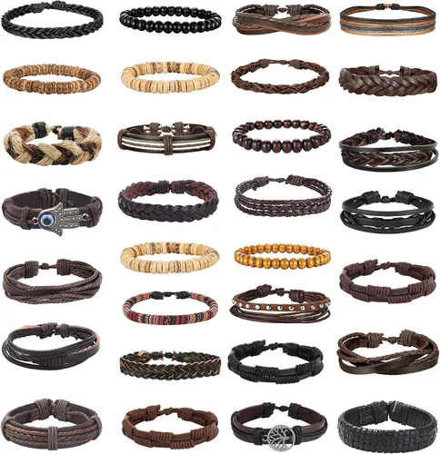 Miniatura 2 de Florideco - Juego de 30 pulseras de cuero trenzado para hombres y mujeres con cuentas de madera tejidas étnicas tribales ajustables