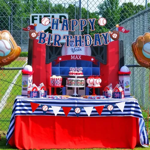 Miniatura 4 de Cartel de béisbol azul preencordado, 3 piezas, sin bricolaje, feliz cumpleaños, banderín triangular, decoración temática deportiva para baby shower