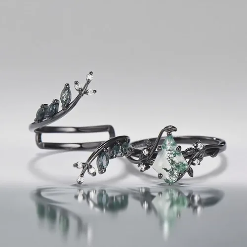 Miniatura 6 de Black Glod - Juego de anillos de compromiso de ágata musgo natural para mujer, anillo de compromiso de aniversario, plata de ley 925 o anillo