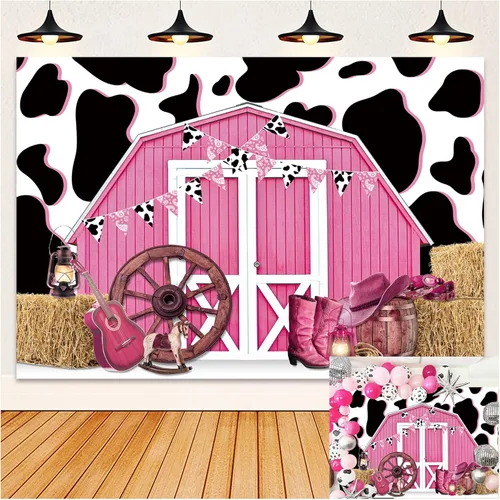 Miniatura 6 de Telón de fondo de cumpleaños de vaquera, 5 x 3 pies, color rosa, para fiesta de cumpleaños, granero, granero occidental, fondo de granero, ducha