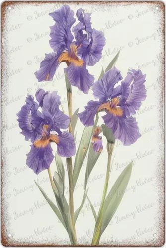 Zomyto Encantador letrero de lata con letrero rústico de iris morado, arte de pared floral, elegante decoración de pared de metal vintage para