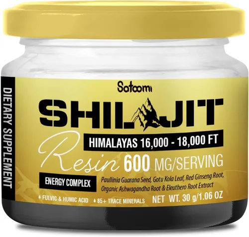 Satoomi Shilajit - Resina orgánica del Himalaya - Suplemento Shilajit de 1.06 oz con más de 85 minerales traza, Paullinia Guaraná, Gotu Kola y más,
