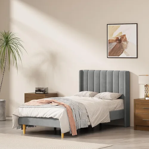 Miniatura 14 de Base de cama Queen con cabecero, base de cama de plataforma con respaldo de terciopelo vertical copetudo, soporte de listones de madera, no necesita