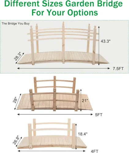 Miniatura 7 de VINGLI Puente de Jardín de 4 pies, Puente de Arco de Madera con Barandas de Seguridad con Acabado Carbonizado, Puente Decorativo para Paisajismo
