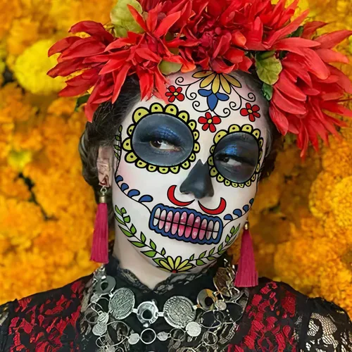 Miniatura 5 de Kit de maquillaje de tatuajes faciales del Día de los Muertos, paquete de 10 tatuajes temporales para Halloween, calavera de azúcar, rosas rojas