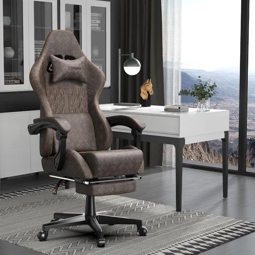 Miniatura 2 de Ferghana Silla vintage de piel sintética para videojuegos, silla de jugador con respaldo alto con masaje, silla ergonómica de oficina para Marrón