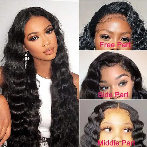 Miniatura 3 de Pelucas sueltas de cabello humano ondulado profundo con encaje frontal, prearrancado, pelucas de encaje frontal de 13 x 4 para mujeres negras