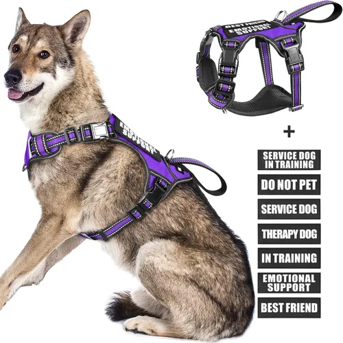 Miniatura 13 de Arnés para perro de servicio WINSEE sin tirones con 7 parches para perros, arnés reflectante para mascotas con asa acolchada y duradera