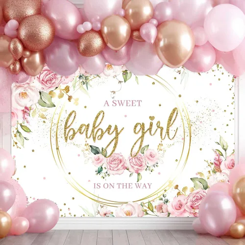 Miniatura 4 de Sensfun Telón de fondo floral con texto en inglés "It's a Girl" para baby shower con texto en inglés "A Sweet Baby Girl is On The Way