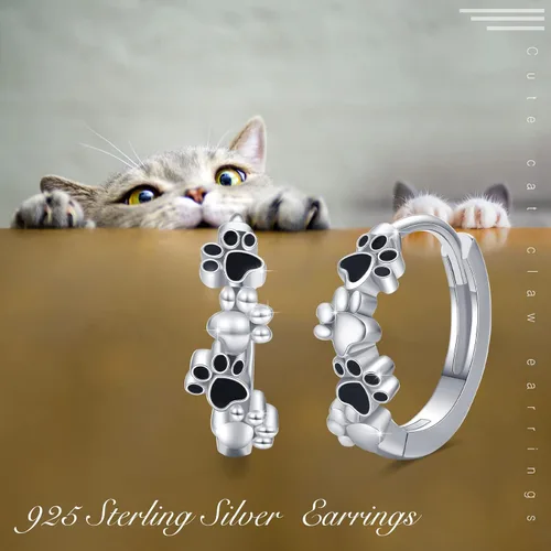 Miniatura 5 de Aretes de perro para mujer, aretes de aro pequeños de plata de ley con estampado de patas, aretes de aro para cachorros, aretes de pata de gato
