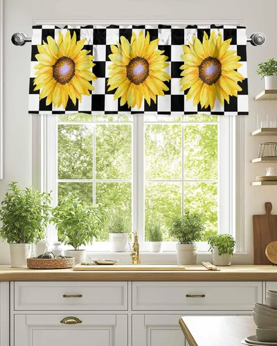 Cenefas de girasol para ventanas de cocina, cenefa de cortina de granja, cortinas cortas de girasol de acuarela, cenefas con bolsillo para barra,