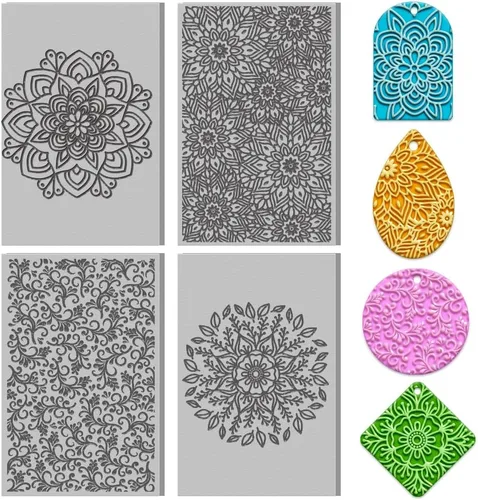 Juego de 4 hojas de textura de arcilla polimérica para usar con cortadores de arcilla, efecto de alfombrilla de arcilla bohemia como rodillo de