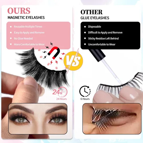 Miniatura 3 de Kit de pestañas magnéticas y delineador de ojos, 12 pares de pestañas magnéticas diferentes de aspecto natural 3D con delineador de ojos y pinzas