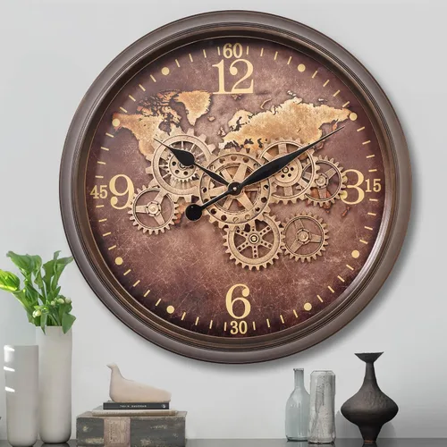 Miniatura 9 de CLXEAST Reloj de pared grande de 24 pulgadas con engranajes móviles, relojes industriales con esfera de mapa del mundo, reloj de pared fresco