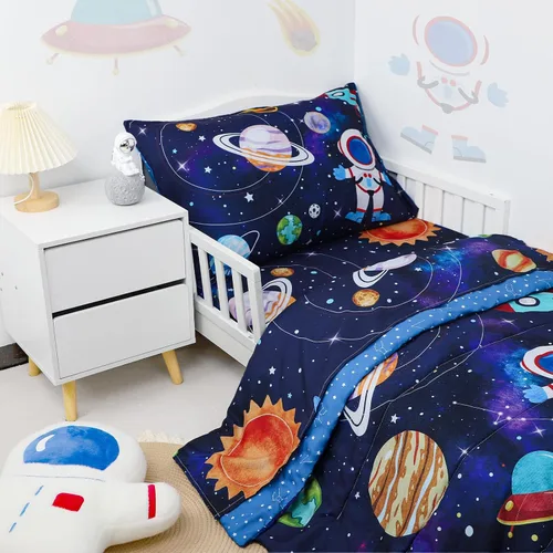 Miniatura 2 de SWESEN Juego de ropa de cama para niños pequeños, juego de ropa de cama azul espacial, suave y ligero de 4 piezas, incluye edredón, sábana encimera