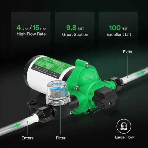 Miniatura 4 de VIVOGROW Bomba de presión de agua, bomba de agua de diafragma de 115 VCA 4 GPM 45 PSI para baños, cocinas, caravanas y yates (fijable)