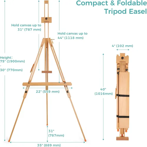 Miniatura 2 de VISWIN Caballete portátil para pintar con bolsa, inclinado plano y ajustable, soporte de caballete de arte de madera de haya, sostiene lienzo