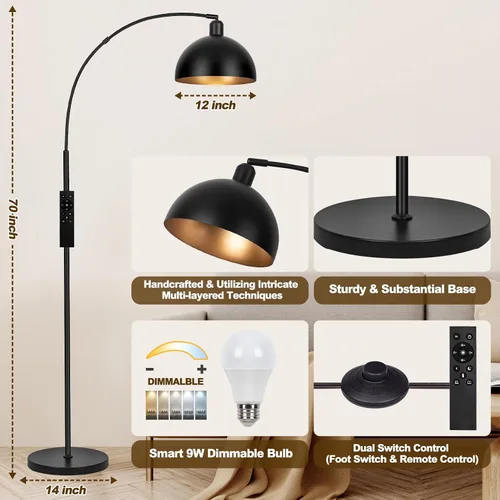 Miniatura 3 de 【Actualizado】 Lámparas de pie de arco negro para sala de estar - Lámpara de pie arqueada regulable con control remoto y bombilla LED de 9 W