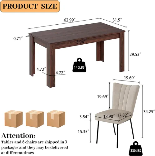 Miniatura 8 de HIPIHOM Juego de Mesa de Comedor de 62.9" para 6, Juego de Mesa de Cocina de Tablero MDF con 6 Sillas de Comedor de Tela, Juego de Mesa de Cocina
