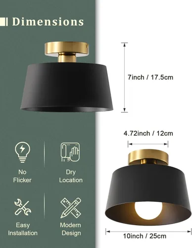 Miniatura 4 de Lámpara de Techo Moderna Semi Empotrada con Placa Dorada y Pantalla Negra Mate, Lámpara de Techo Estilo Granja para Isla de Cocina Comedor Vestíbulo