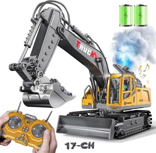 Juguete de construcción de excavadora de control remoto de 17 canales para niños, juguete de excavadora RC de 2400 mAh con pala de metal, aerosol,