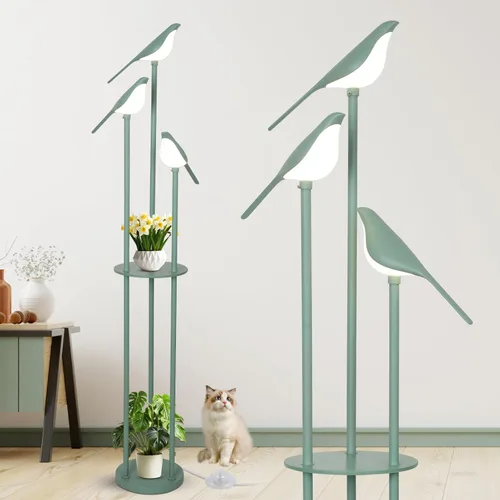 Miniatura 11 de Lámparas de pie doradas para sala de estar, lámpara de pie moderna con estantes, lámpara de pie de mediados de siglo con 3 luces LED de pájaro