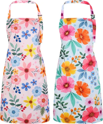 Miniatura 10 de Paquete de 2 delantales florales para mujer con bolsillos, delantal de cocina ajustable para cocinar, hornear, jardinería, manualidades