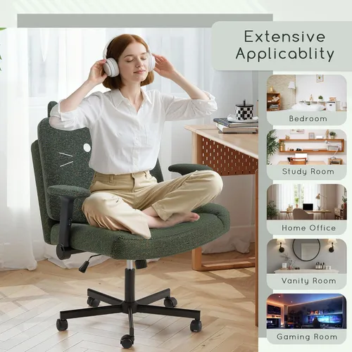 Miniatura 8 de HOMREST Silla cruzada con brazos y ruedas, silla de oficina de patas cruzadas de tamaño grande con asiento extra ancho y cojín de respaldo flexible