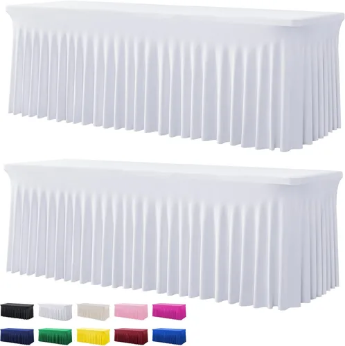 Miniatura 40 de Paquete de 2 manteles de spandex para mesas rectangulares de 8 pies, mantel elástico rosa de 8 pies, manteles ajustados, falda de mesa para fiestas
