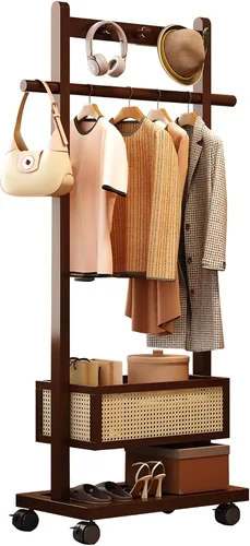 Perchero con estantes, resistente con cesta de almacenamiento, estantes de ropa rodantes de bambú para espacios pequeños, dormitorio, entrada (25.6