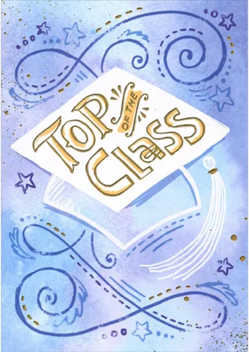 Designer Greetings Top of Class: Gorra blanca y borla y remolinos azules en tarjeta de felicitación de graduación azul y morado para el alumno