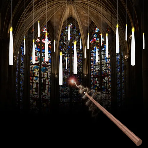 18 velas flotantes con varita, decoraciones mágicas colgantes mágicas, velas de ventana a pilas con control remoto de varita, velas LED de luz