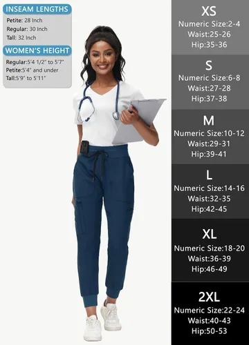 Miniatura 7 de Pantalones médicos para mujer con 8 bolsillos, de punto acanalado, cintura media, ajuste delgado, estilo deportivo