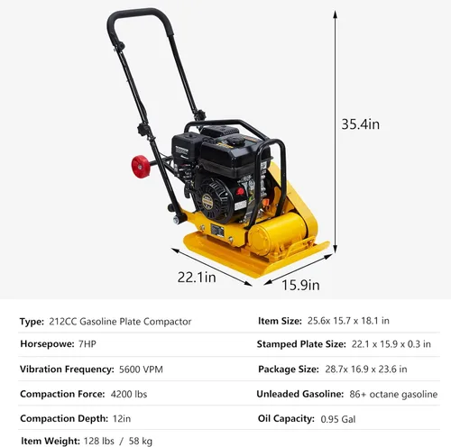 Miniatura 8 de GarveeHome 7HP Plataforma compactadora de pisón, motor de gas de 212 CC, manipulación vibratoria de compactación de 4200 libras, 22.1 x 15.9