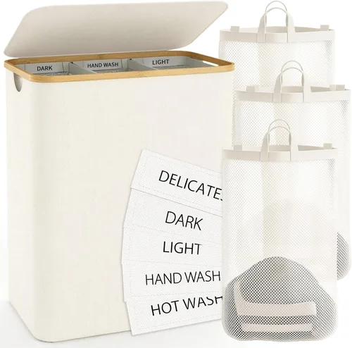 Miniatura 11 de Cesta de lavandería con tapa, Bathola, cesta extra grande de 145L, cestas de 3 secciones para ropa sucia, organizador de cestas divididas para Gris