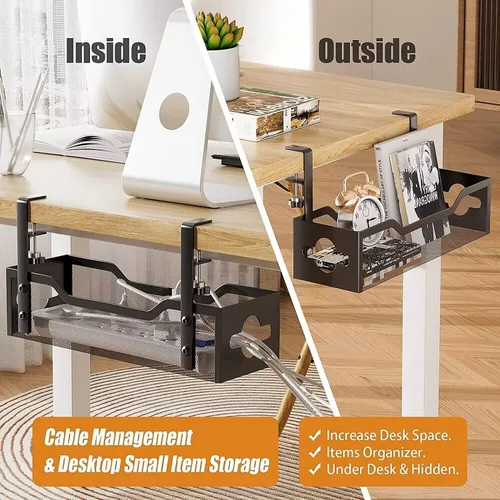 Miniatura 5 de Paquete de 2 bandejas para organizar cables debajo del escritorio, organizador de cables de 13.38 pulgadas sin taladros, organizador de cables