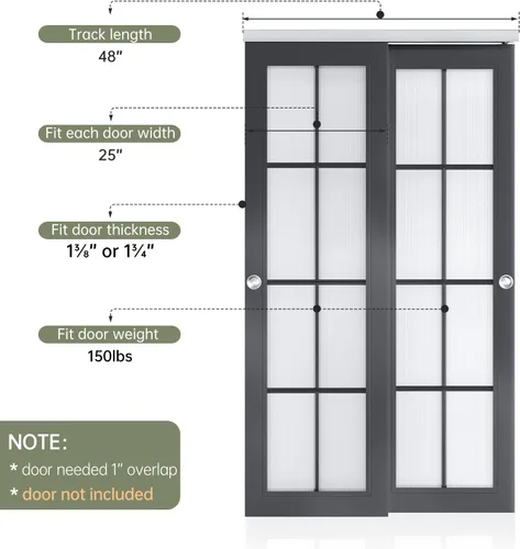 Miniatura 4 de EaseLife Kit de herrajes para puerta corredera doble bypass de 4 pies/48 pulgadas, grado comercial, aluminio, riel bypass para puertas de armario