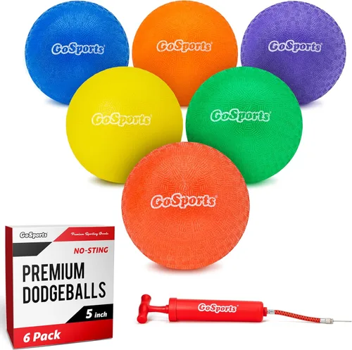 GoSports Inflatable Dodgeballs - Choose 5 Inch or 7 Inch No Sting Balls - Set of 6 Includes Ball Pump & Mesh Bag Paquete de 6 bolas de 5" -