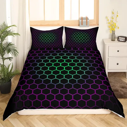 Miniatura 26 de Funda de edredón de panal para niños, hombres y niñas, juego de ropa de cama moderno con temática geométrica hexagonal, diseño de cuadrícula