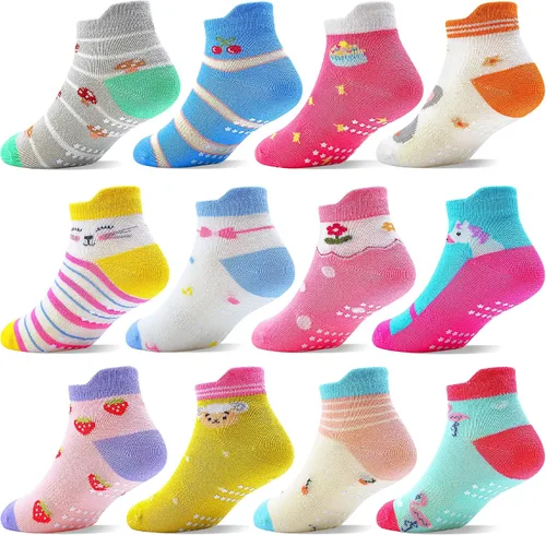 ELUTONG - Calcetines para niños con agarre, antideslizantes, 12 pares para niños, niñas, bebés de 1 a 7 años