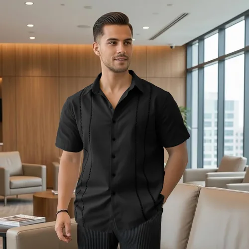 Miniatura 3 de Camisa elegante para hombre - Camisa de playa de lino transpirable de manga corta con botones