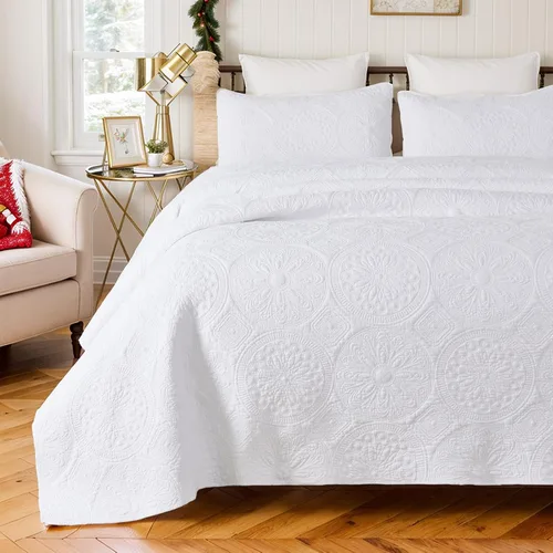Miniatura 3 de Brandream juego de cama de lujo de 3 piezas, color blanco, de gran tamaño, juego de edredón, tamaño queen