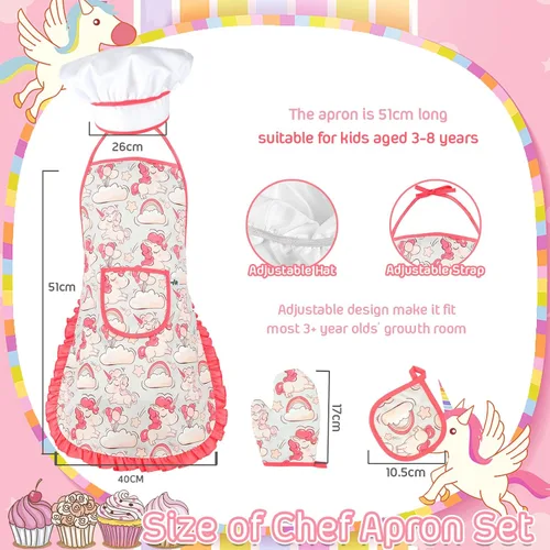 Miniatura 5 de KAEGREEL Juego de chef para hornear para niños con delantal de unicornio y manopla, juego de cocina para niños de 26 piezas con sombrero de chef