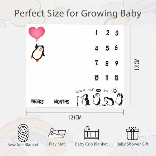 Miniatura 2 de BTYYSS31 - Manta mensual de hitos mensuales de pingüino, franela suave de 48 x 40 pulgadas, corazón de amor rojo, regalos para mamá recién nacida